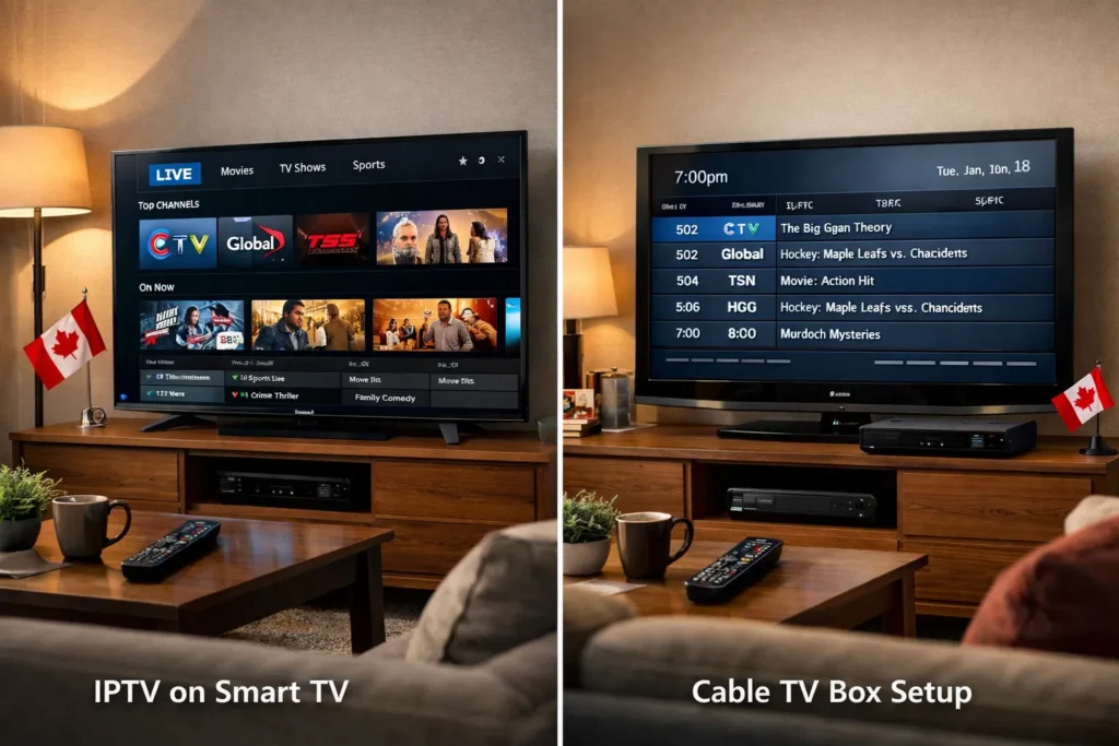 IPTV vs cable Canada comparison in modern living room 2026
